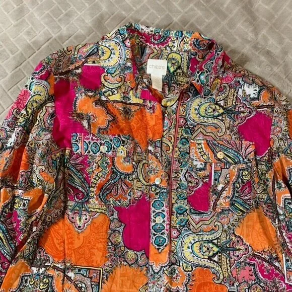 Chicos Womens S Button Up Shirt Colorful Paisley Boho Hippie Lightweight Cotton - Picture 2 of 13